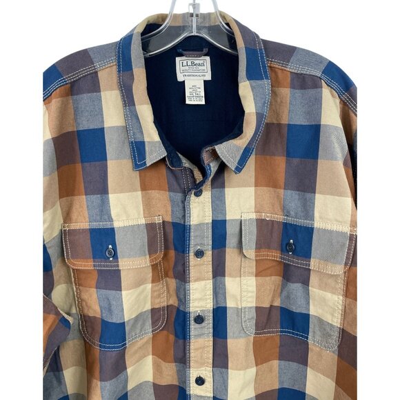 L.L. Bean Flannel Lined Shirt Shacket  Brown Blue Plaid Men's XXL Tall Heavy - Picture 3 of 8